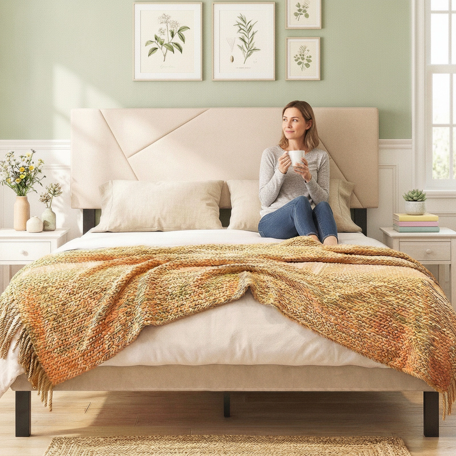 SUGIFT Geometric Beige Upholstered Headboard, Full-Queen, Charging Station
