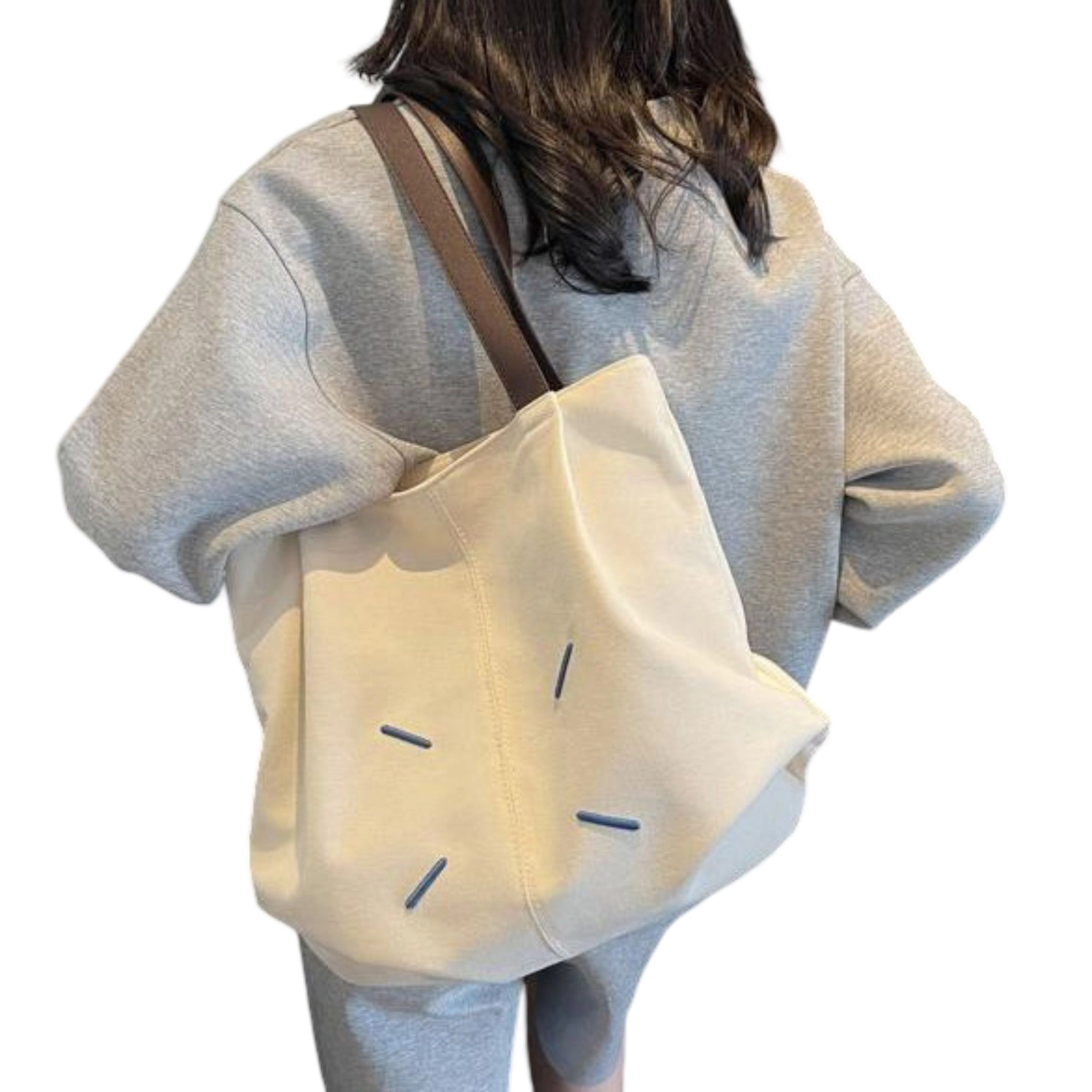 Alilang Women's Canvas Tote Bag with Contrast Handles and Decorative Stitch Detail