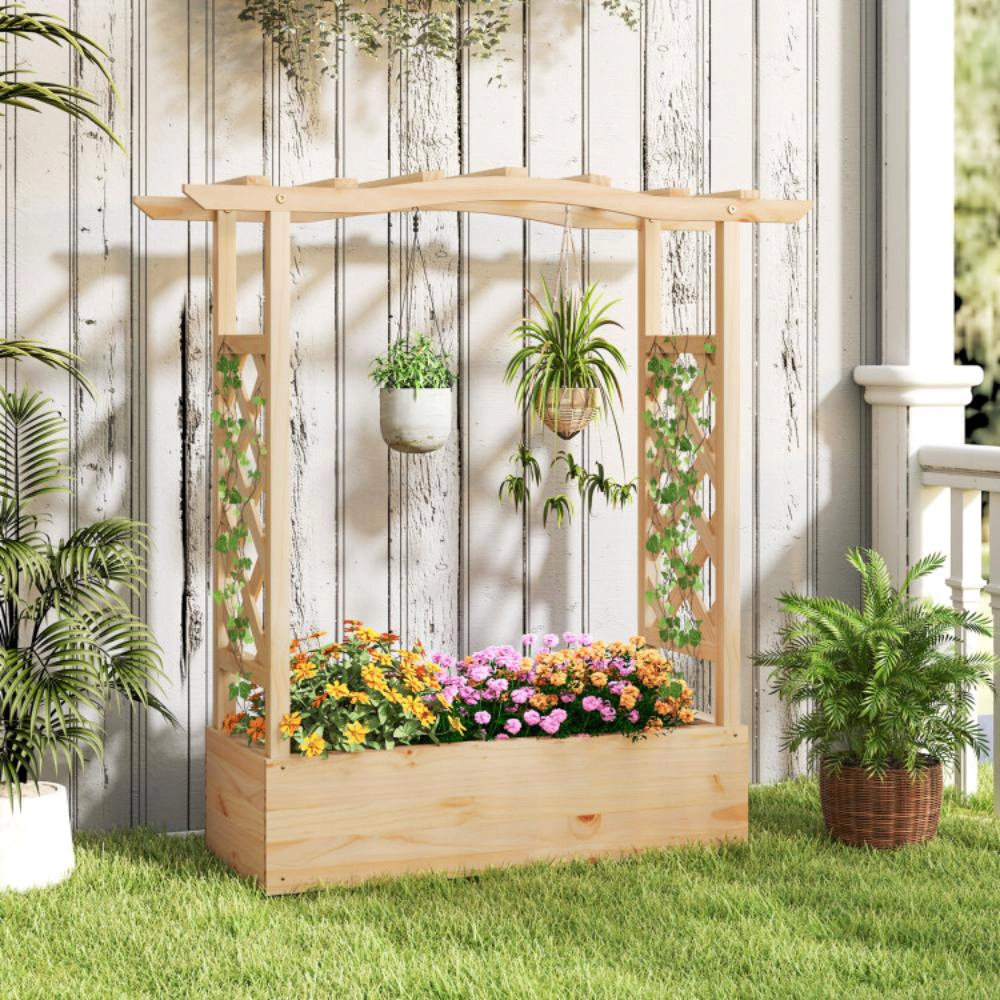 Hivvago Wooden Raised Garden Bed Planter Box with Trellis and Hanging Roof