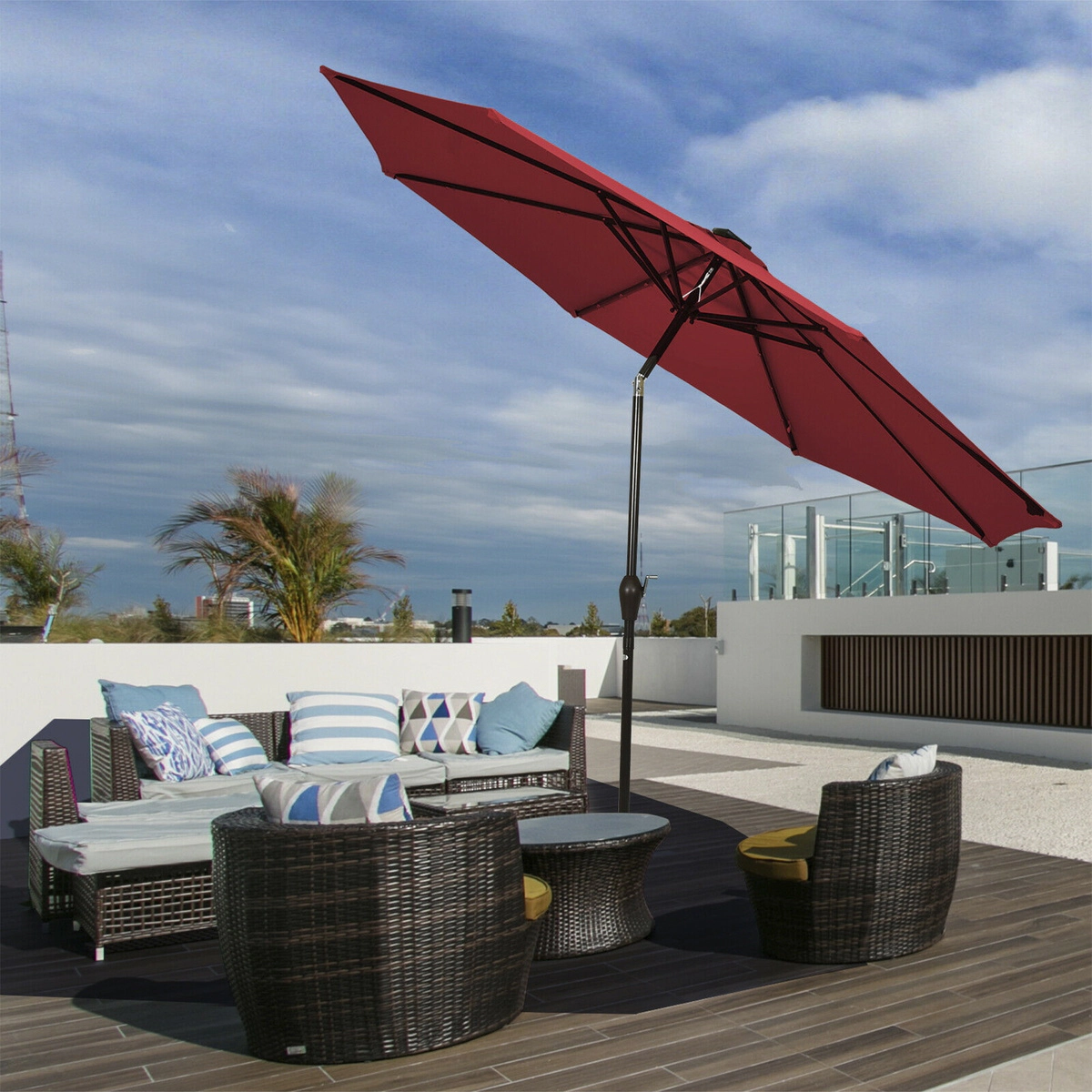 SUGIFT Push Button Tilt and Crank Lift 10 FT Solar LED Lighted Market Patio Umbrella