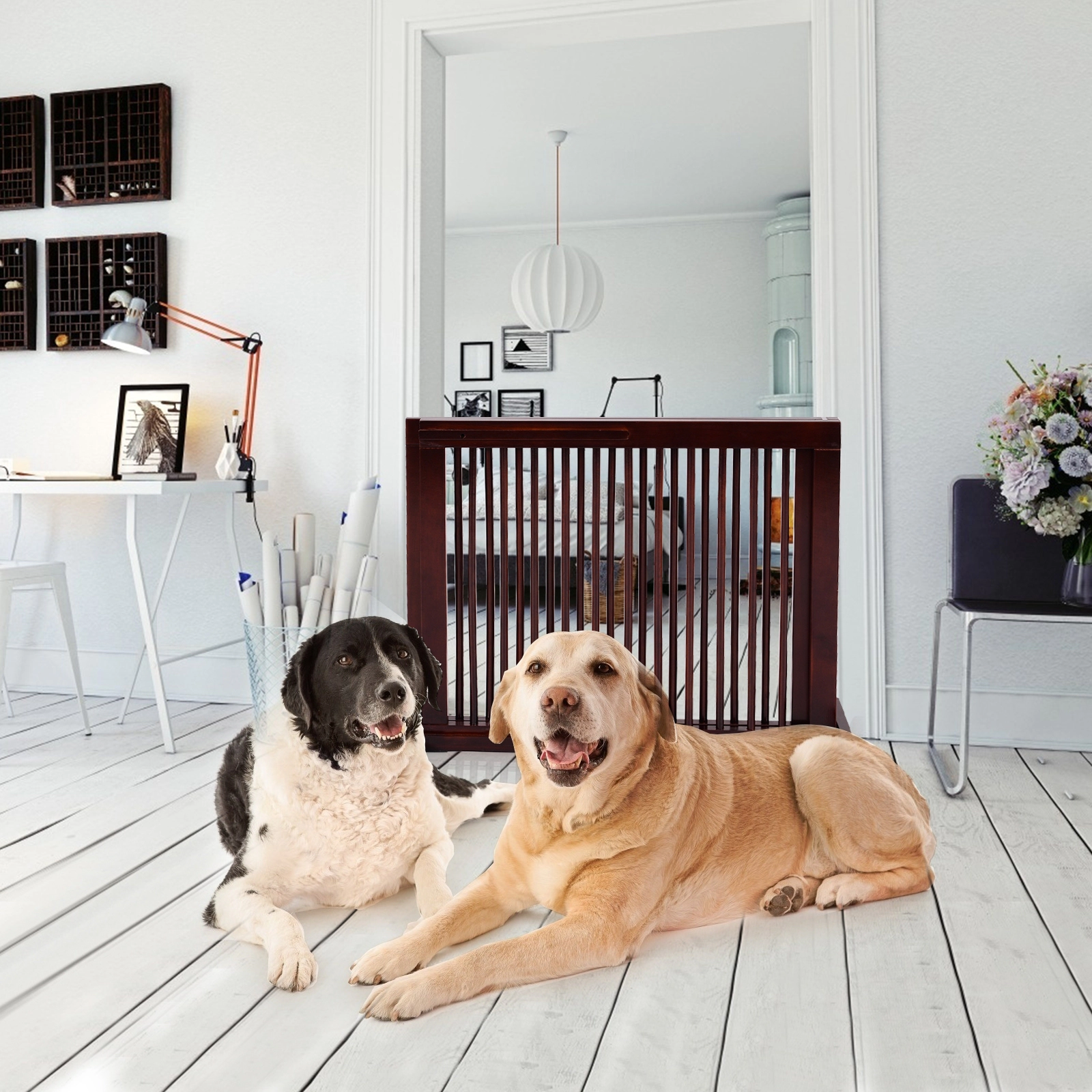SUGIFT Brown Folding Adjustable Free Standing 3 Panel Wood Pet Gate