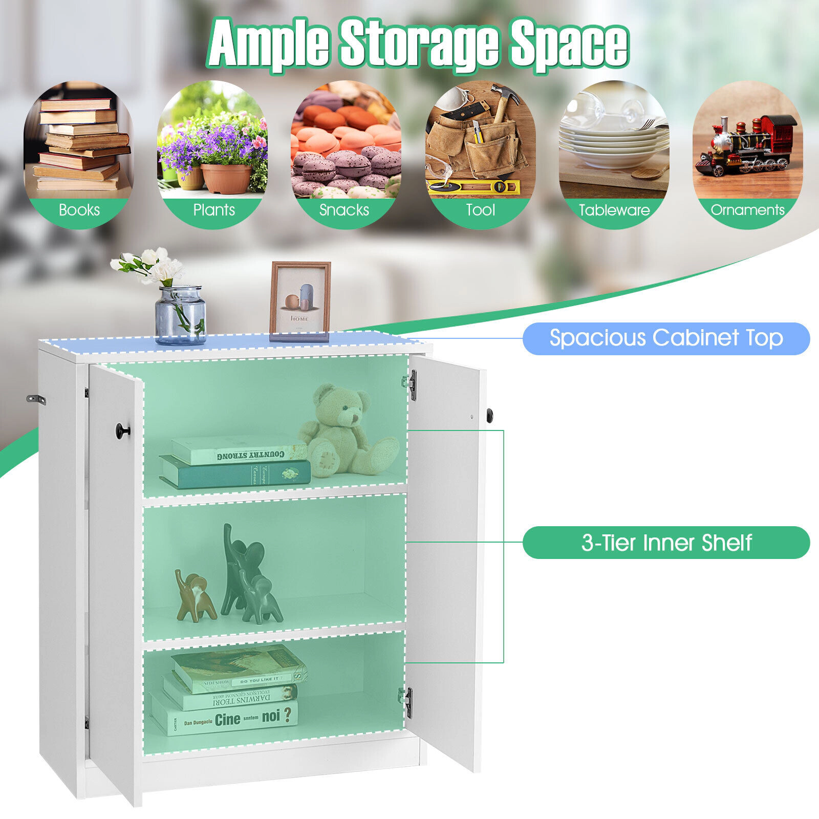 SUGIFT 28-in White Storage Base Cabinet with 2 Doors 3-Tier Shelves and Microwave Stand for Kitchen
