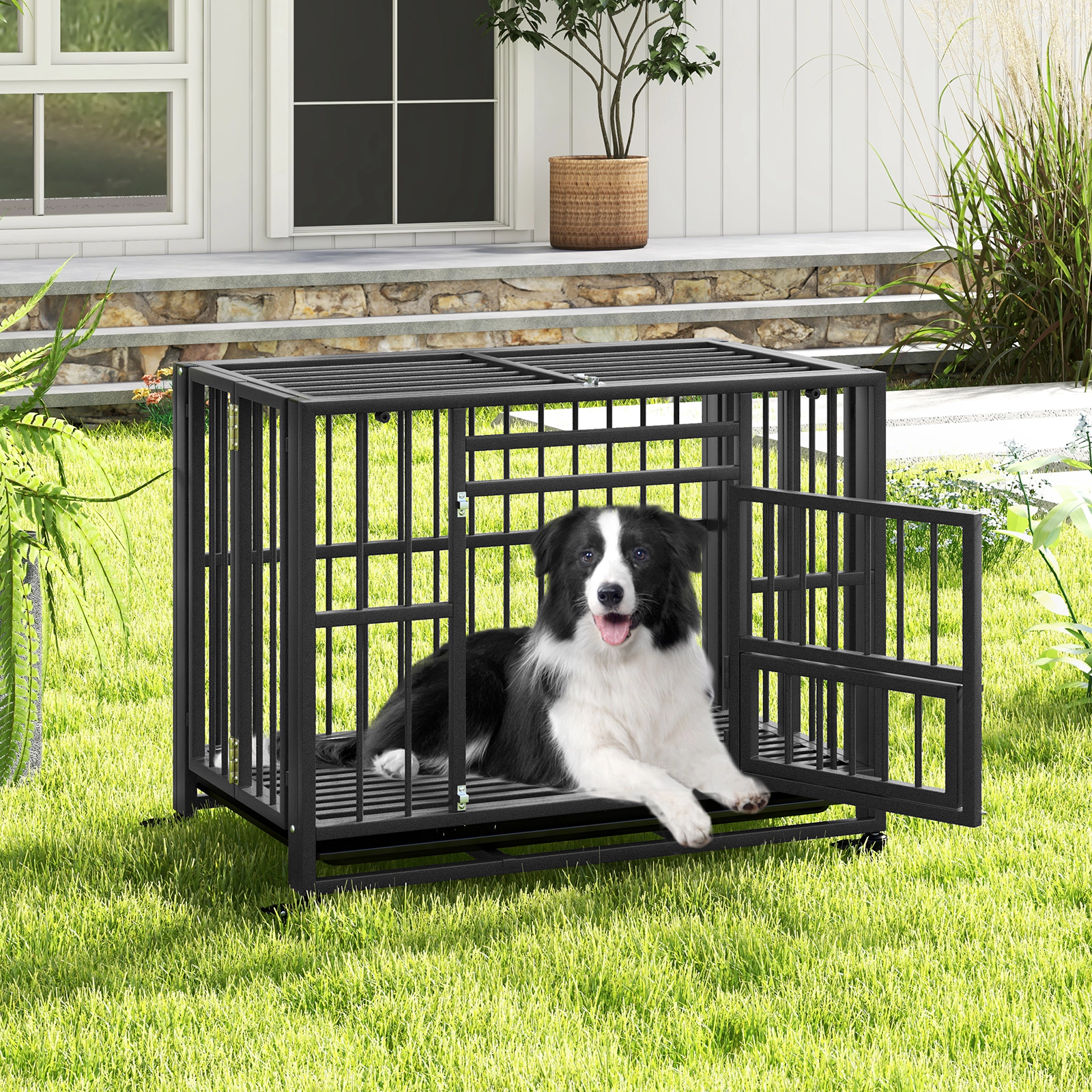 SUGIFT Foldable Heavy-Duty Dog Crate 135-lb Capacity Chew-proof Cage with Lockable Universal Wheels Black