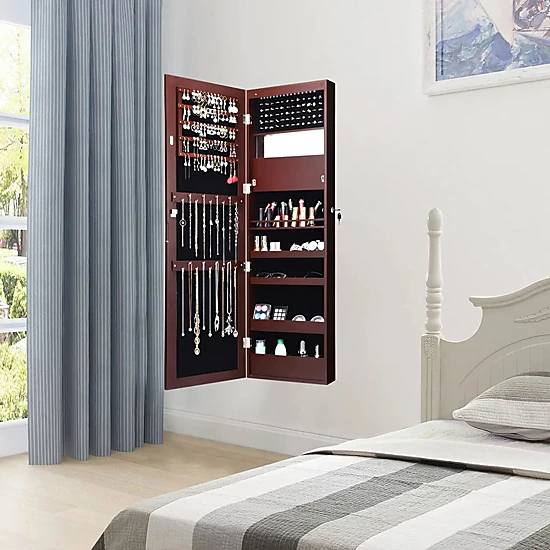 LJG Lockable Wall Door Mounted Mirror Jewelry Cabinet with LED Lights