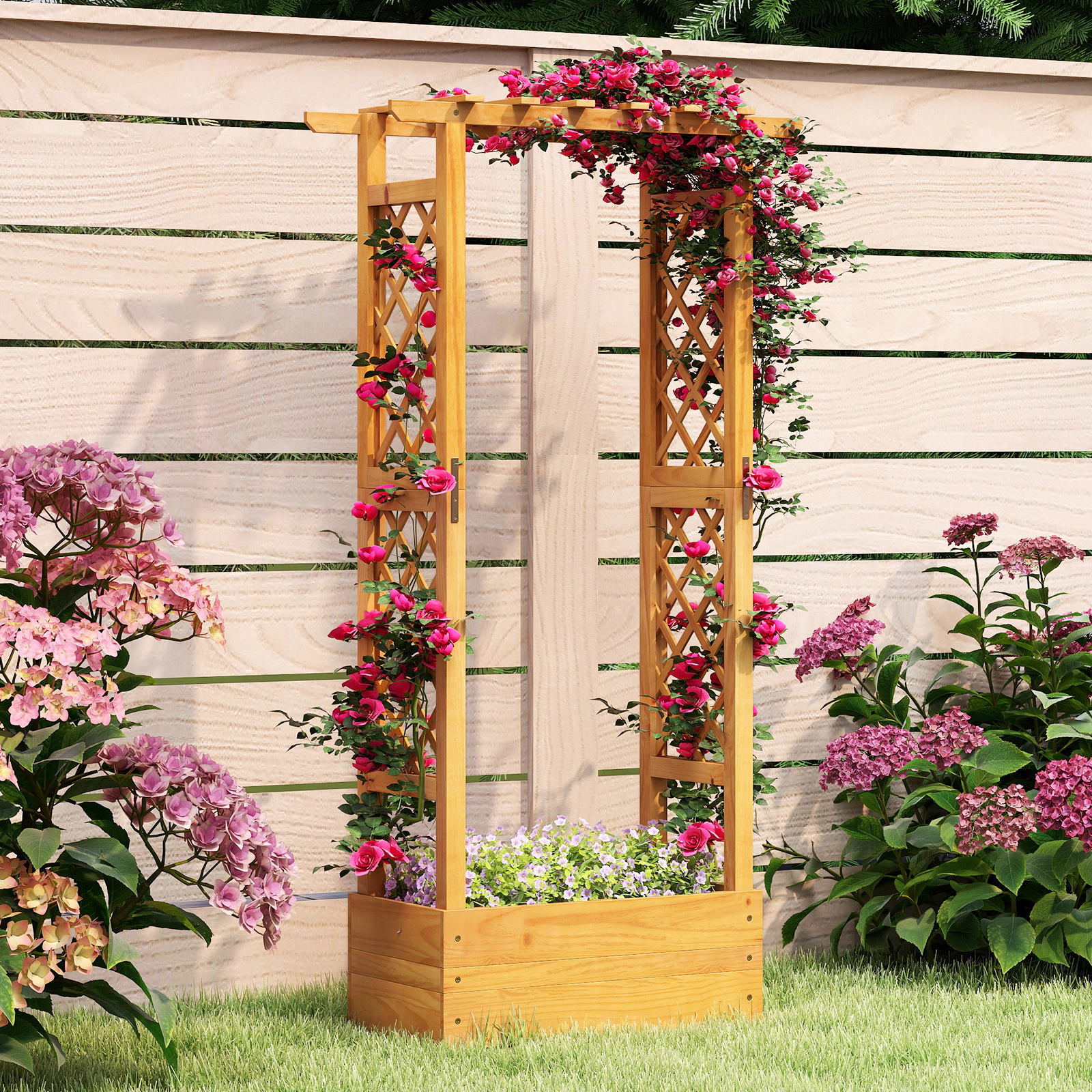 SUGIFT 60-in Tall 44-lb Roof Pine Wood Raised Garden Bed with Lattice Trellis Hanging Roof and Open-Ended Base