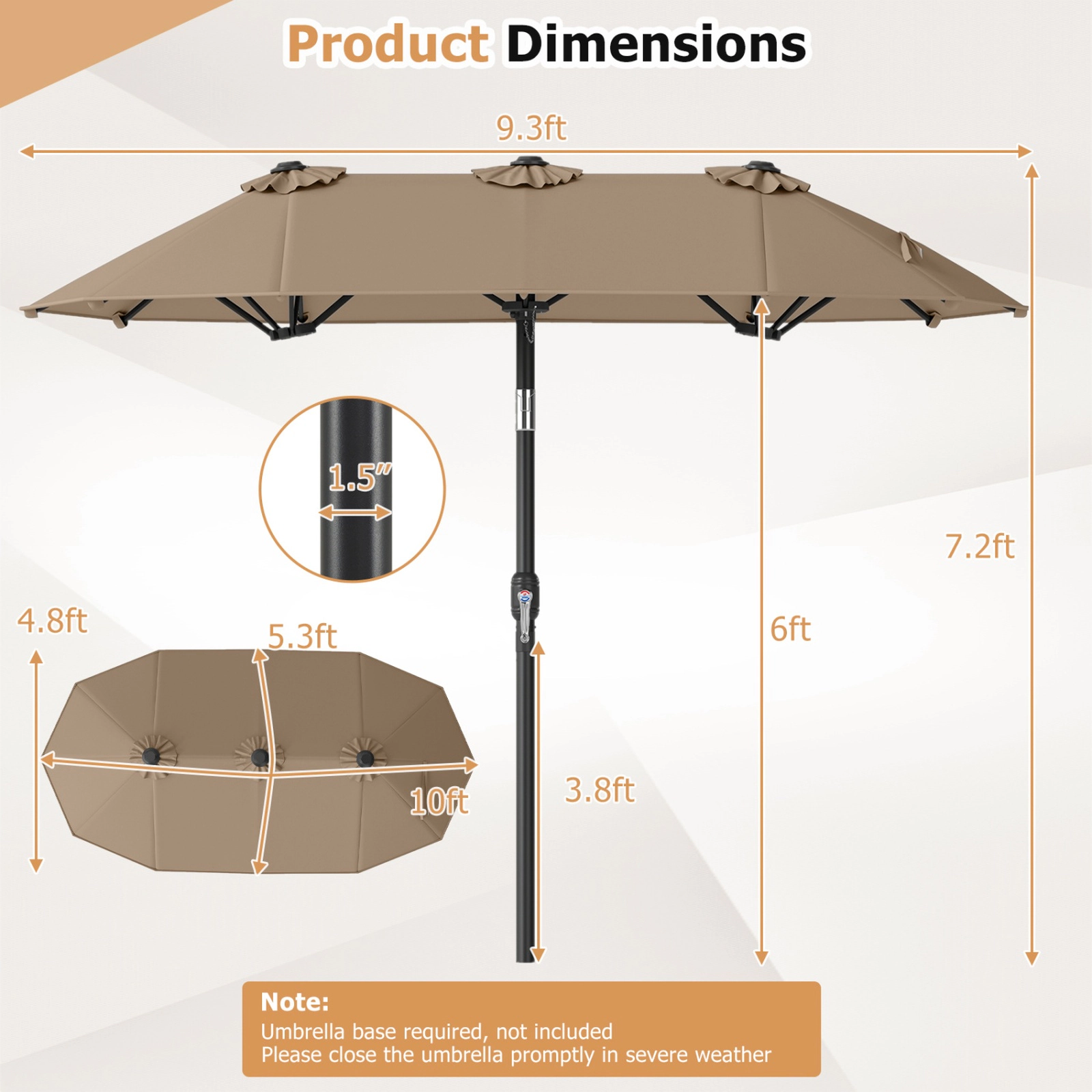 SUGIFT 10-ft Beige Rectangular Double-Sided Patio Umbrella with Crank Lift, Push-Button Tilt, 12 Ribs and 3 Vents