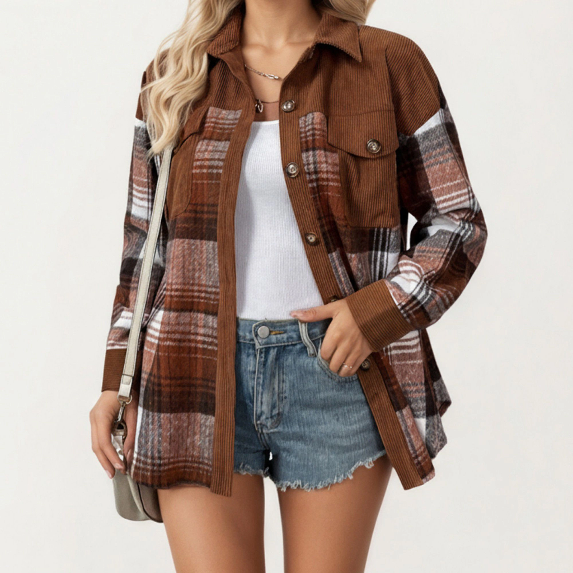 Anna-Kaci Women's Plaid Button Front Shirt Jacket with Soft Corduroy Contrast Long Sleeves Chest Pocket Detail