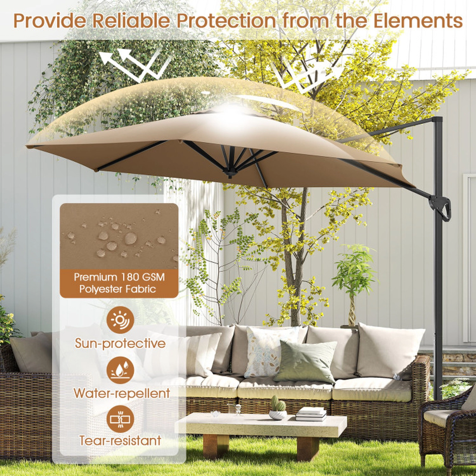 SUGIFT Vented Cantilever Patio Umbrella with Sun-Protective Canopy 9-ft Canopy Brown
