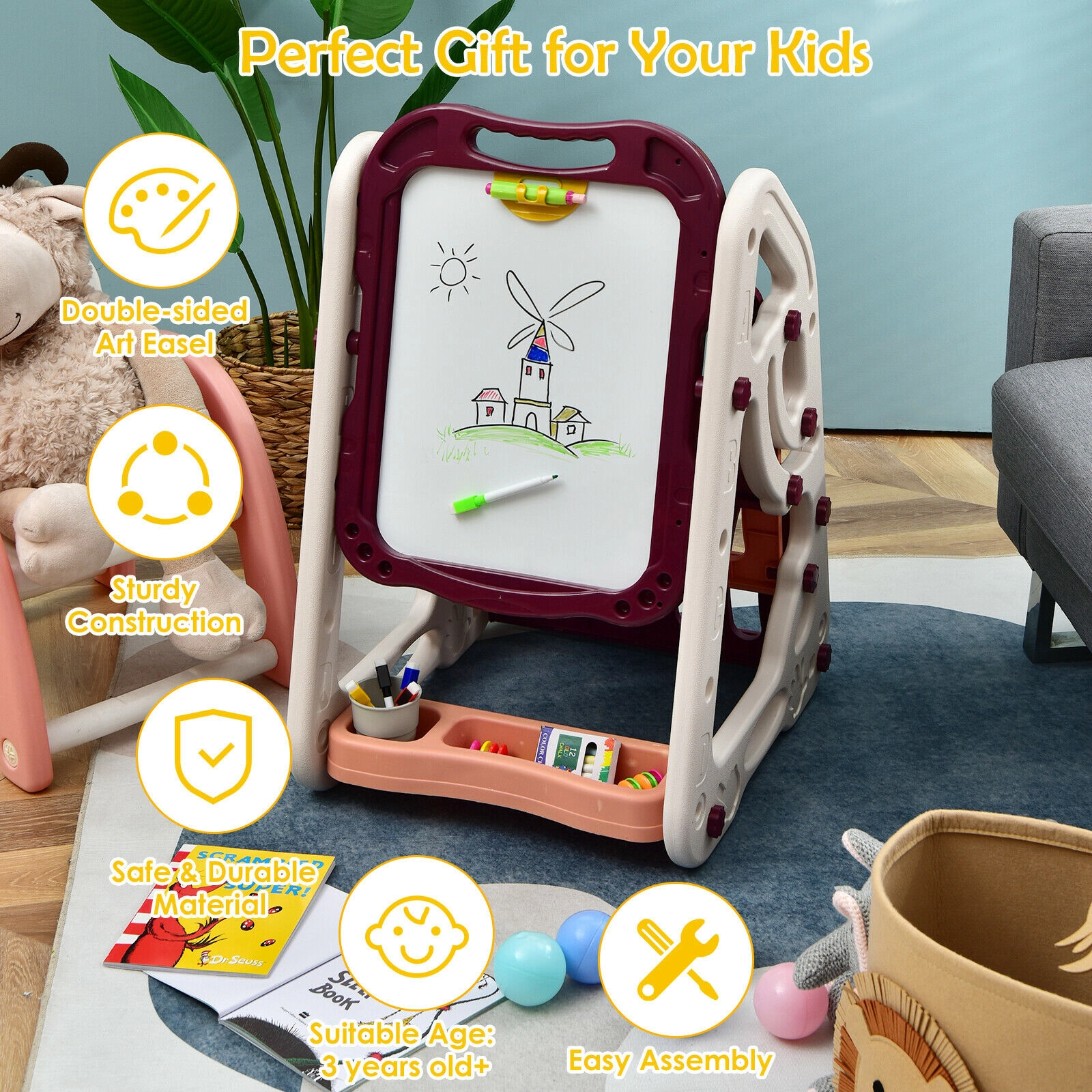 SUGIFT Red Bookshelf and Art Accessories 3-in-1 Kids Art Easel Double-Sided Board