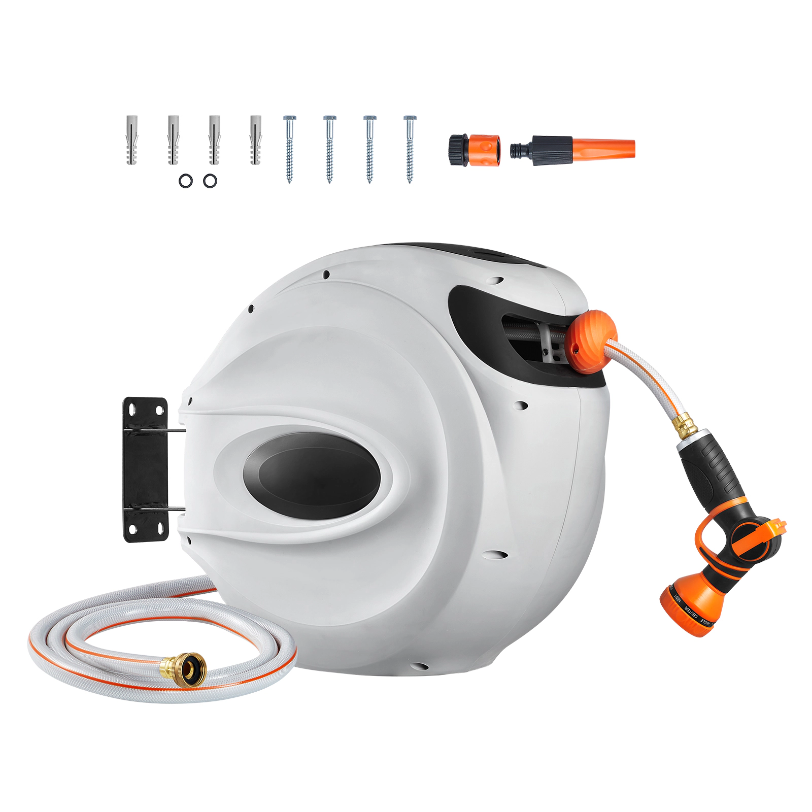 HONGGE Retractable Garden Hose Reel, 1/2 in x 130 ft, Wall-Mounted, Auto Rewind, 9-Pattern Nozzle, 180 Swivel Bracket