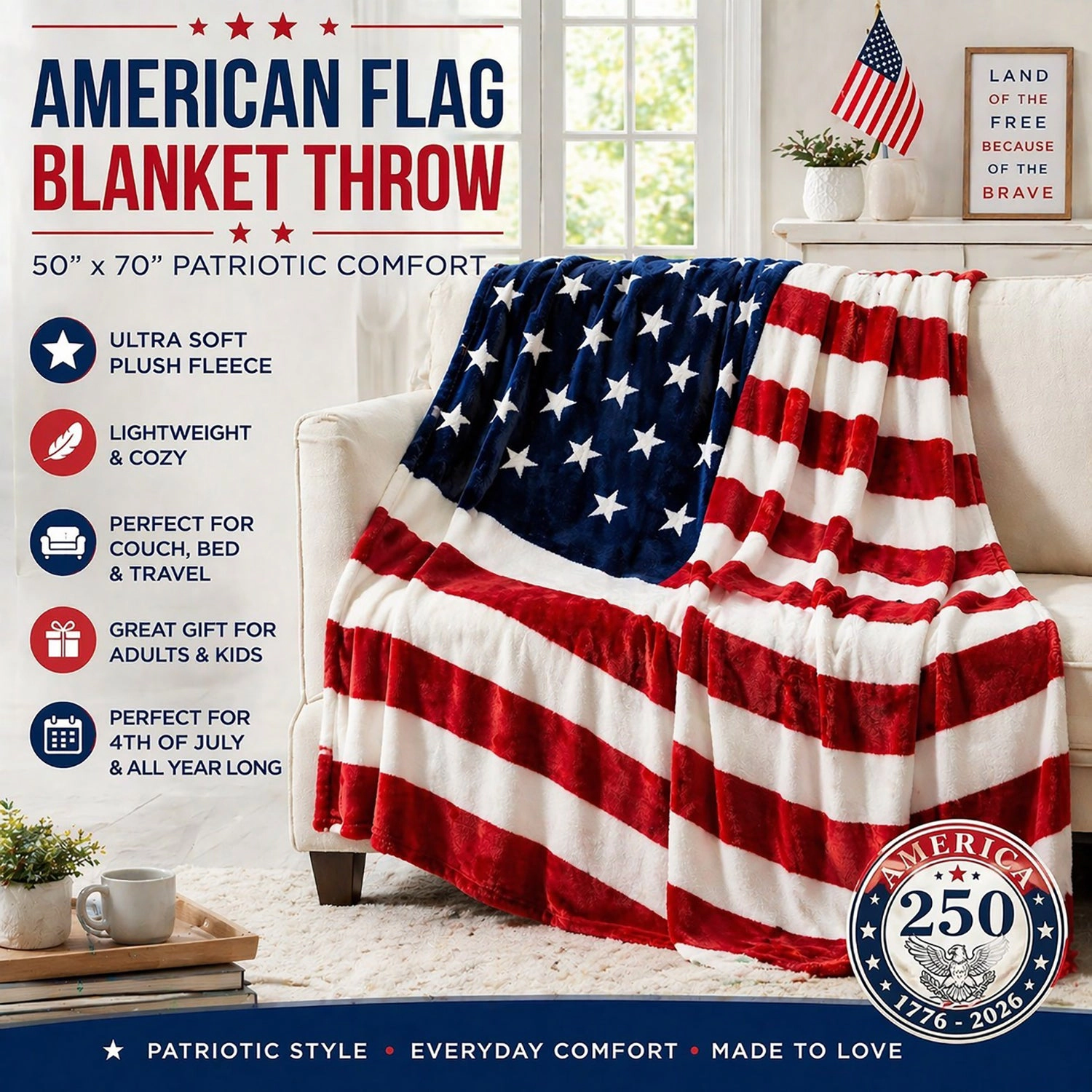 Plazatex America 250 100% Polyester Micro Plush American Flag Style Throw Blanket 50" x 70" Red