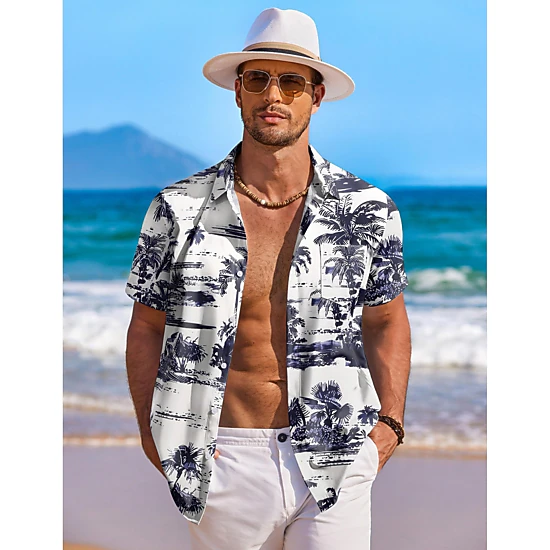 COOFANDY Mens Hawaiian Shirts Short Sleeve Tropical Print Button Down Casual Tops