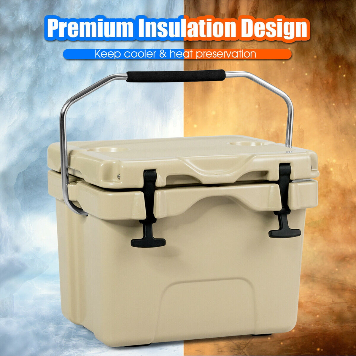 SUGIFT 16 Quart Insulated Hard Side Ice Cooler 24-Can Capacity with 2 Cup Holders 10-lb Net Weight Khaki