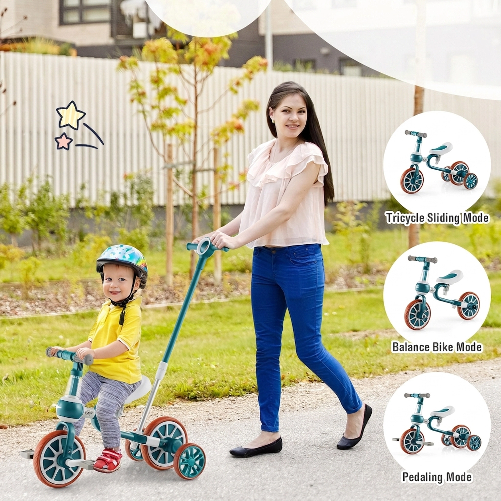 4-in-1 Kids Tricycle 4-Level Parent Push Handle Detachable Pedals Training Wheels 135-Degree Ages 2-4 Green