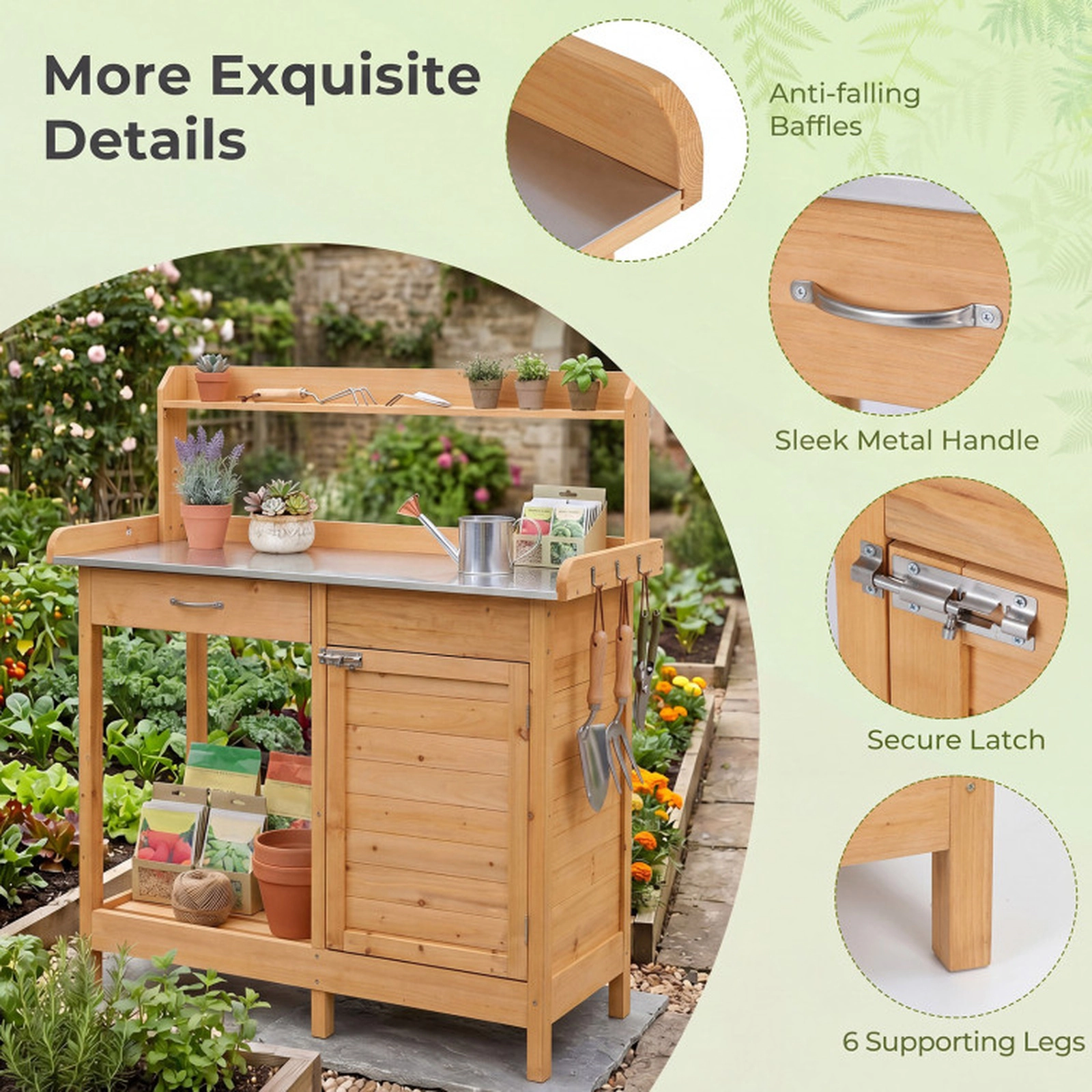 SUGIFT Natural Fir Wood Potting Bench Table with Metal Top Drawer and 3 Side Hooks 44-in W 18-in D 49.5-in H