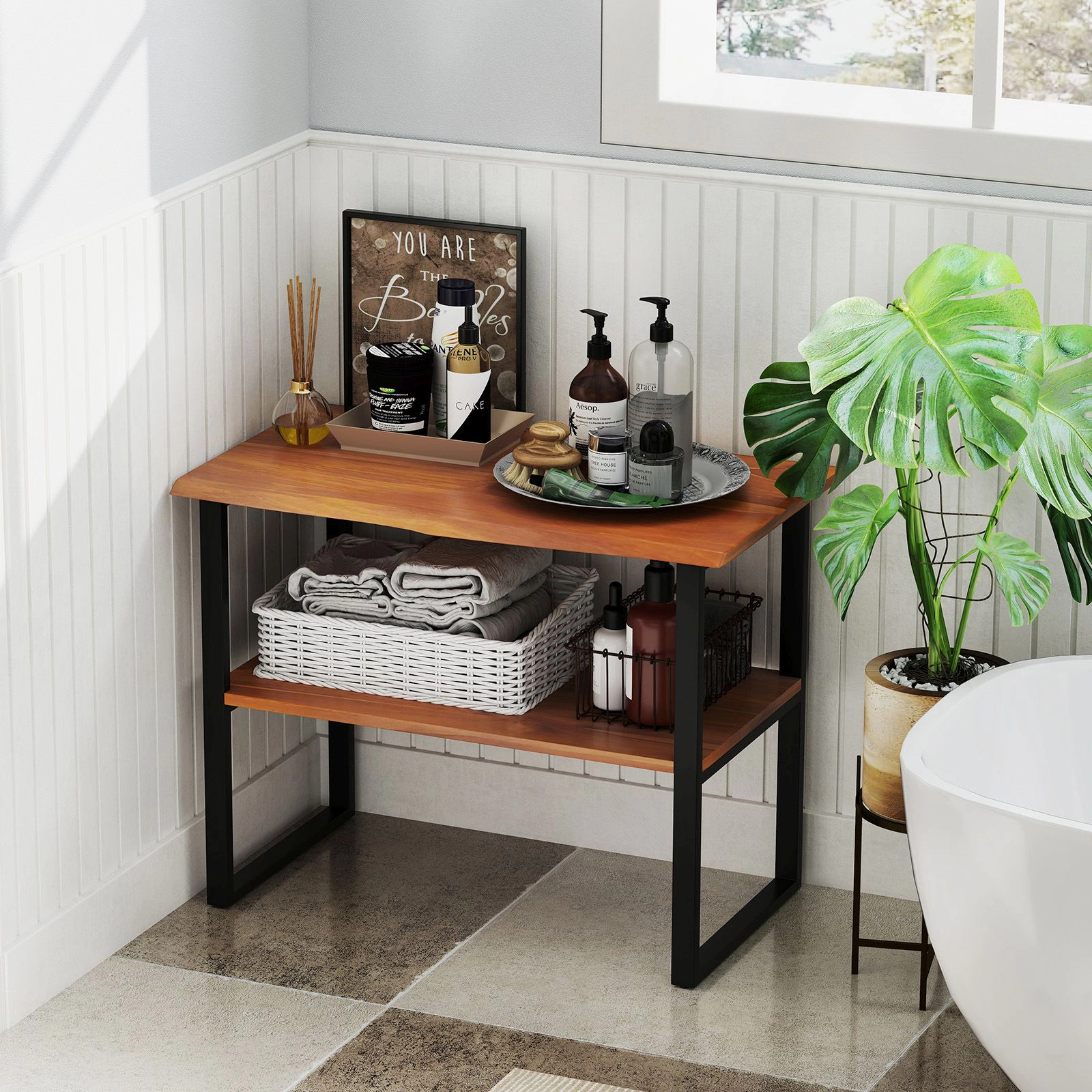 SlickBlue 2-Tier Teak Bathroom Storage Shelf with Open Shelves