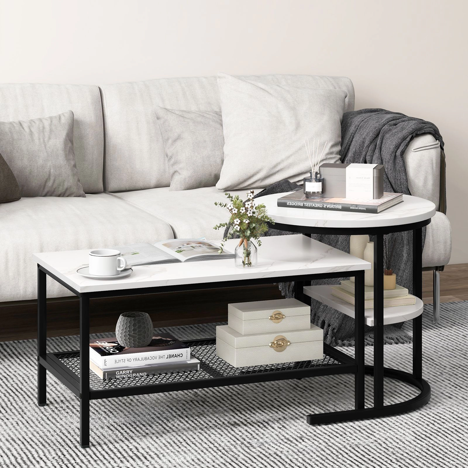 SlickBlue Nesting Coffee Table Set with Faux Marble Tops and Shelf