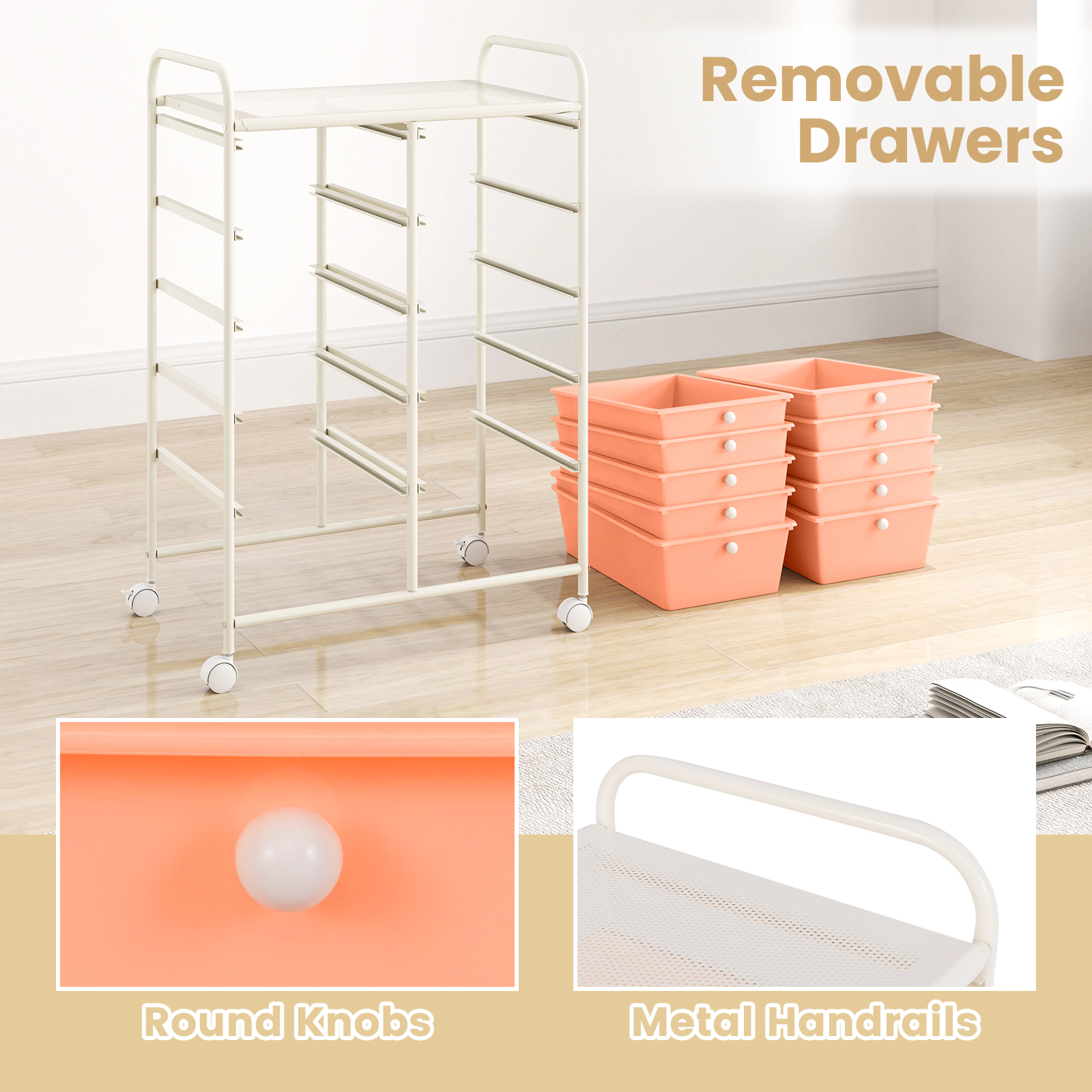 SUGIFT Peach 10-Drawer Rolling Storage Cart Organizer with 5-in Deep Bins Mesh Top Shelf and Locking Wheels
