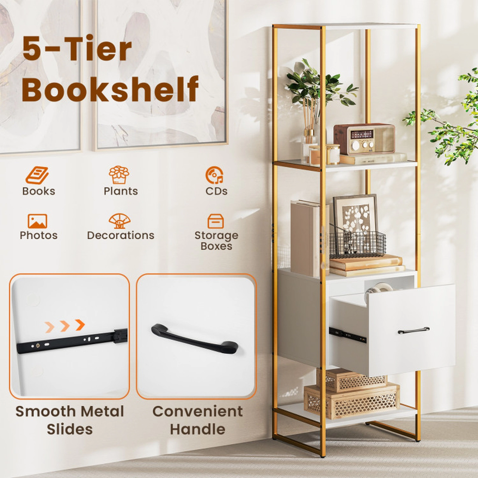 SUGIFT White 5-Tier Narrow Bookcase 62.5 in with 4 Open Shelves and Storage Drawer