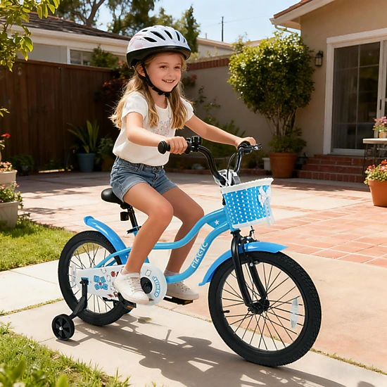 SUGIFT 18-in Blue Kids Bike with Training Wheels Removable Front Basket Bell Mudguards and Kickstand
