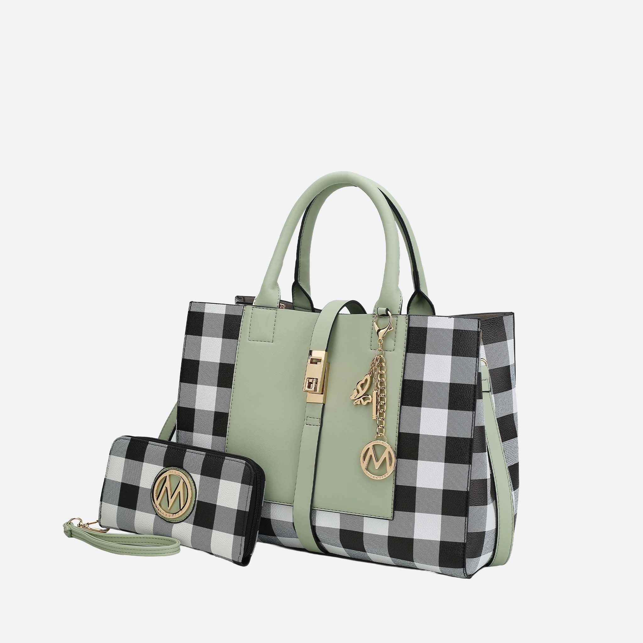 MKF Collection Yuliana Checkered Vegan Leather Satchel with Matching Wallet - Mint