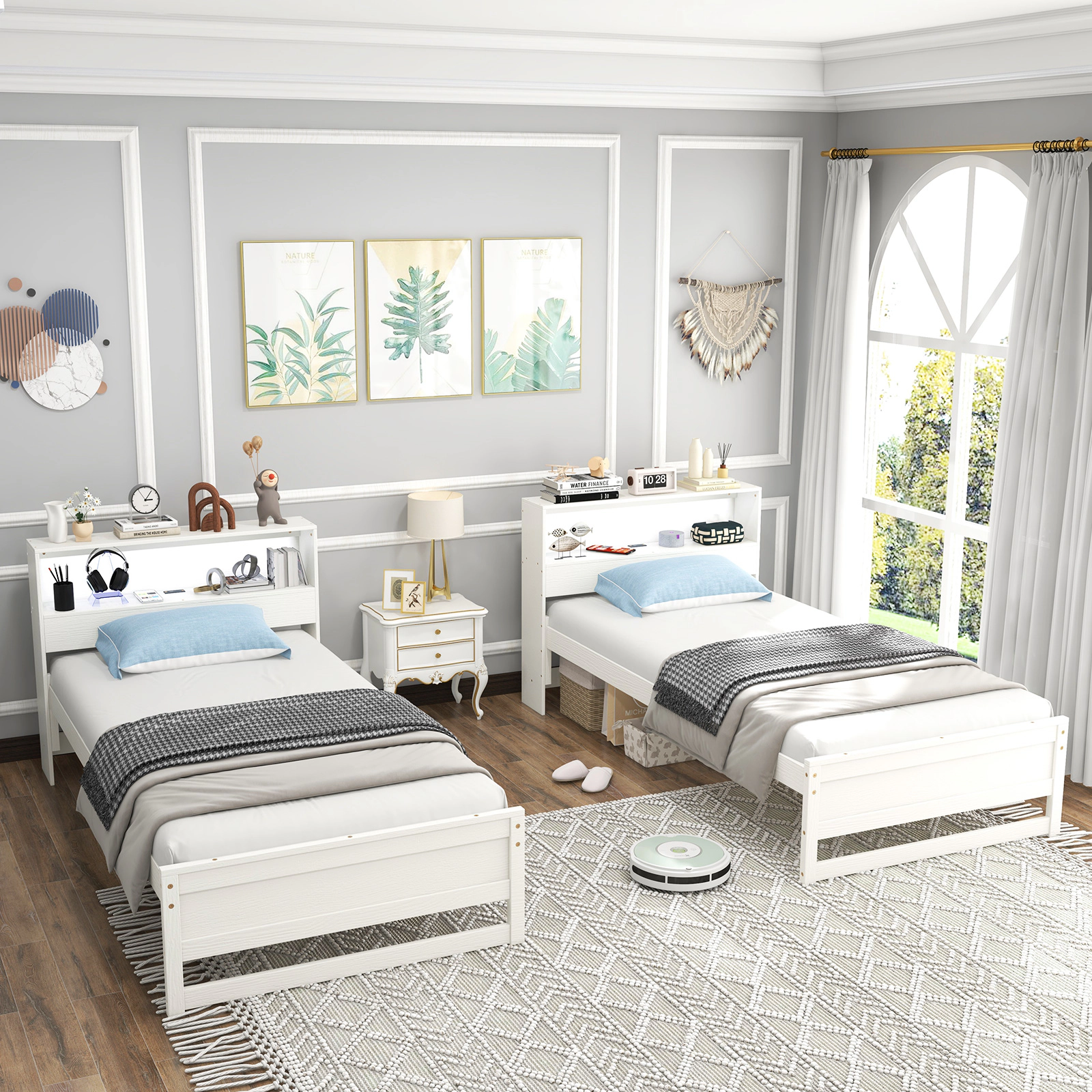 SUGIFT Twin Size Platform Toddler Bed Frame with Storage Headboard and Charging Station 200-lb Capacity White/Gray