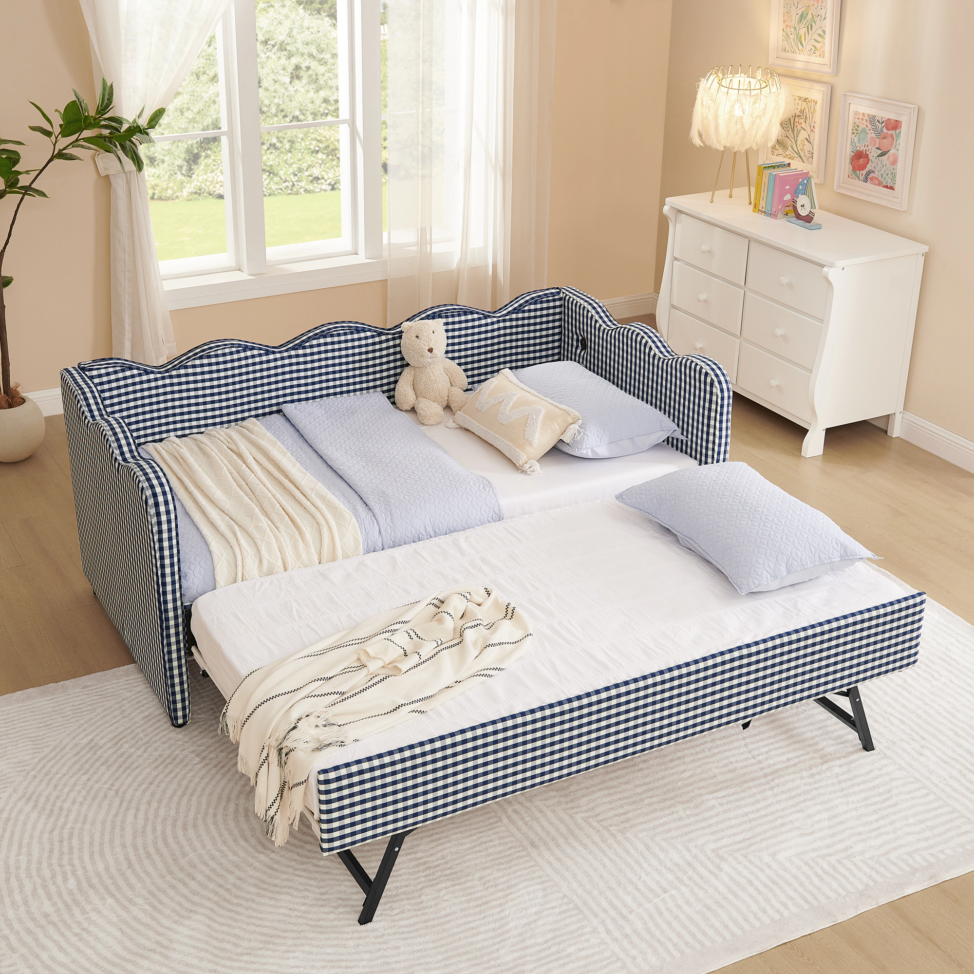 Flynama Gingham Daybed with Twin Trundle, USB Port, Wave Design, Linen, Navy