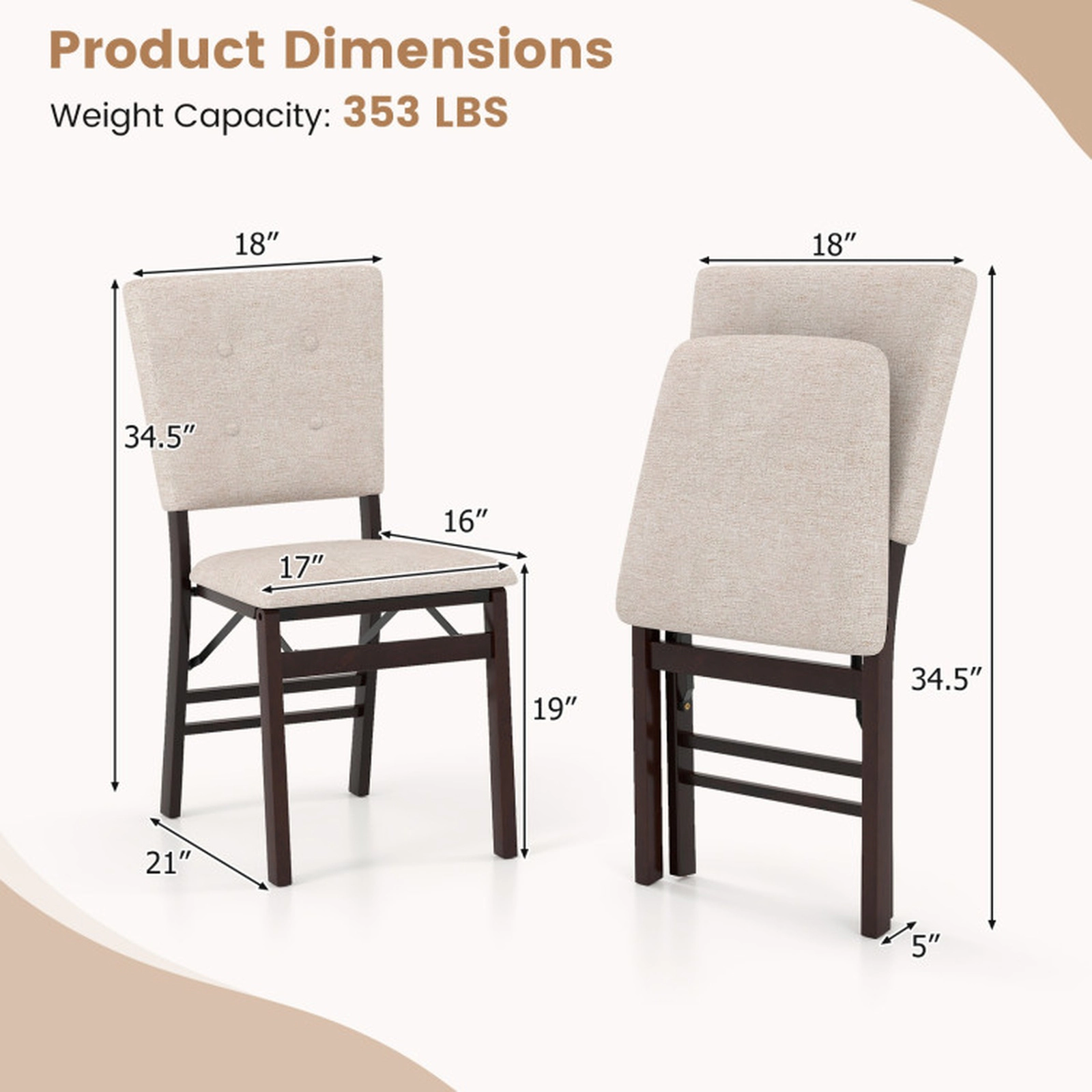 SUGIFT Foldable Armless Dining Chair Set of 4 with Padded Seat and Tilt Backrest 353-lb Capacity Beige