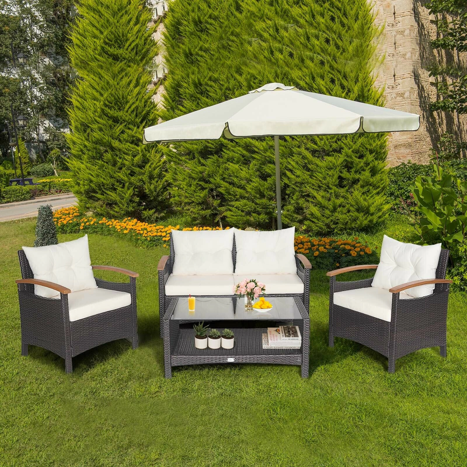 SUGIFT 4-Piece Mixed Brown Rattan Patio Conversation Set with Loveseat, 2 Sofas and Glass Coffee Table