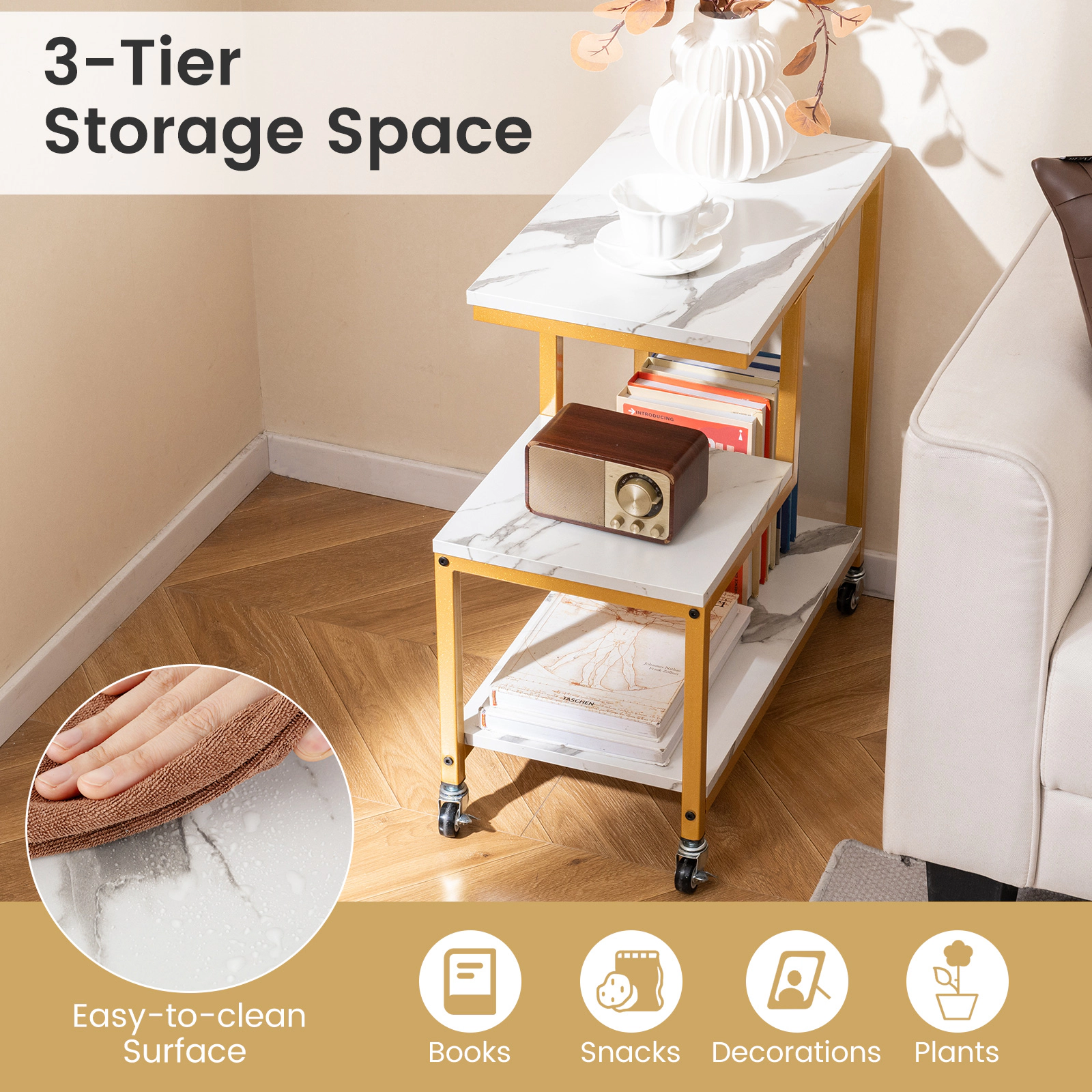 SUGIFT Gold 24-in 3-Tier Rolling Plant Stand and Side Table with Locking Wheels