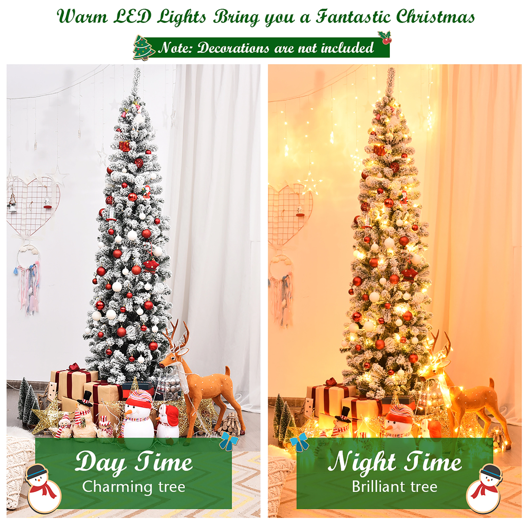 Costway 4.5/6/7.5 Ft Pre-lit Snow Flocked Artificial Pencil Christmas Pine Tree