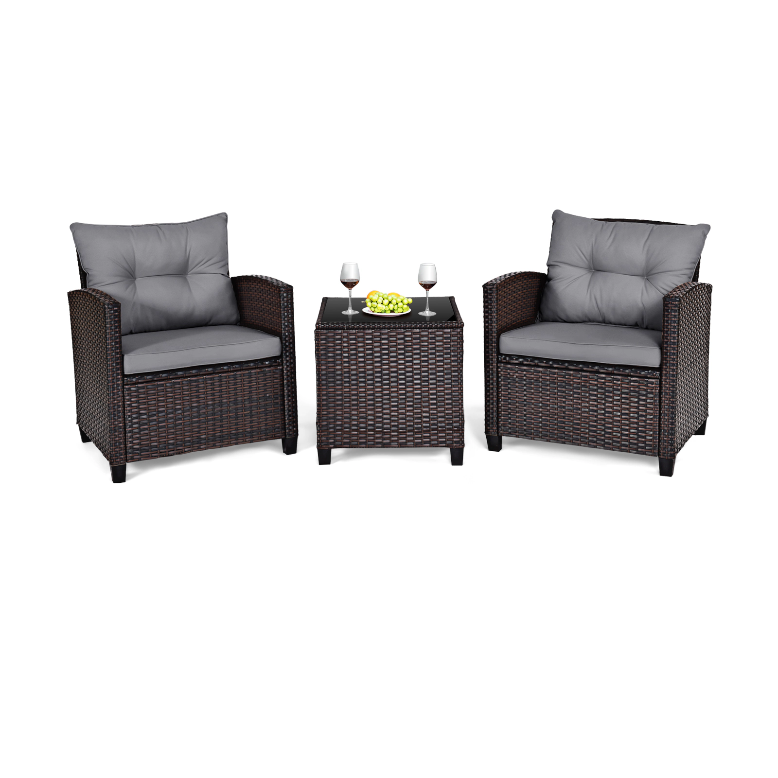 SUGIFT 3-Piece Gray Rattan Patio Conversation Set with 2 Cushioned Chairs and Glass-Top Cube Table