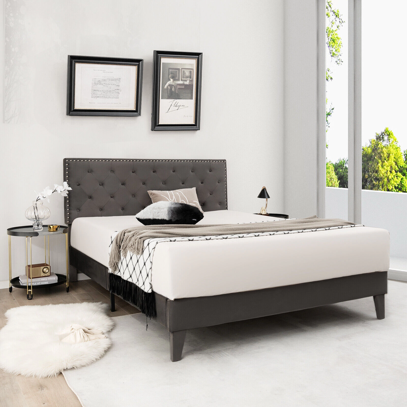 SUGIFT Queen Upholstered Platform Bed, Tufted Velvet Headboard, Metal Frame, 9 Legs, Gray