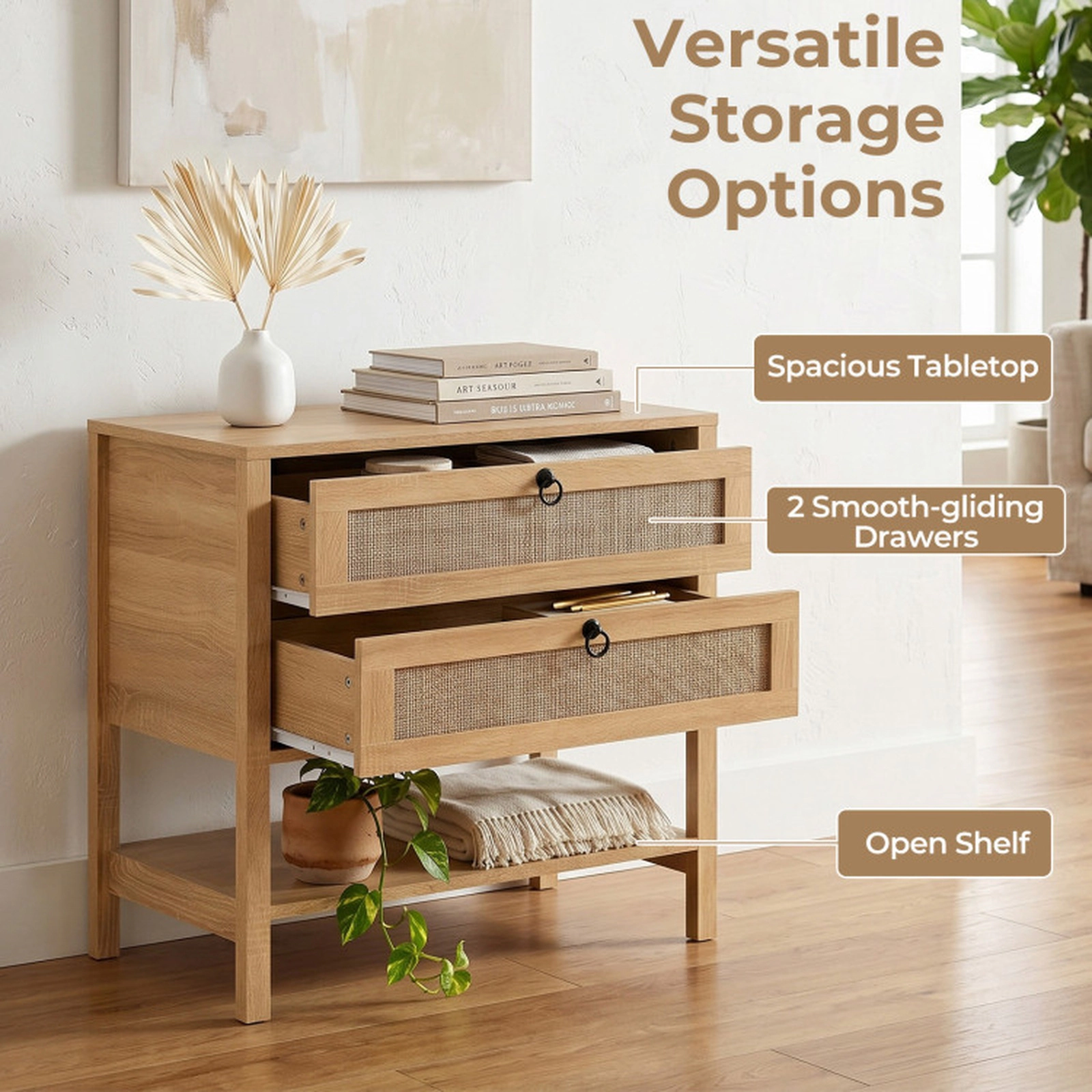 SUGIFT 27-Inch Whitewashed Oak Boho Rattan Nightstand with 2 Drawers and Open Shelf