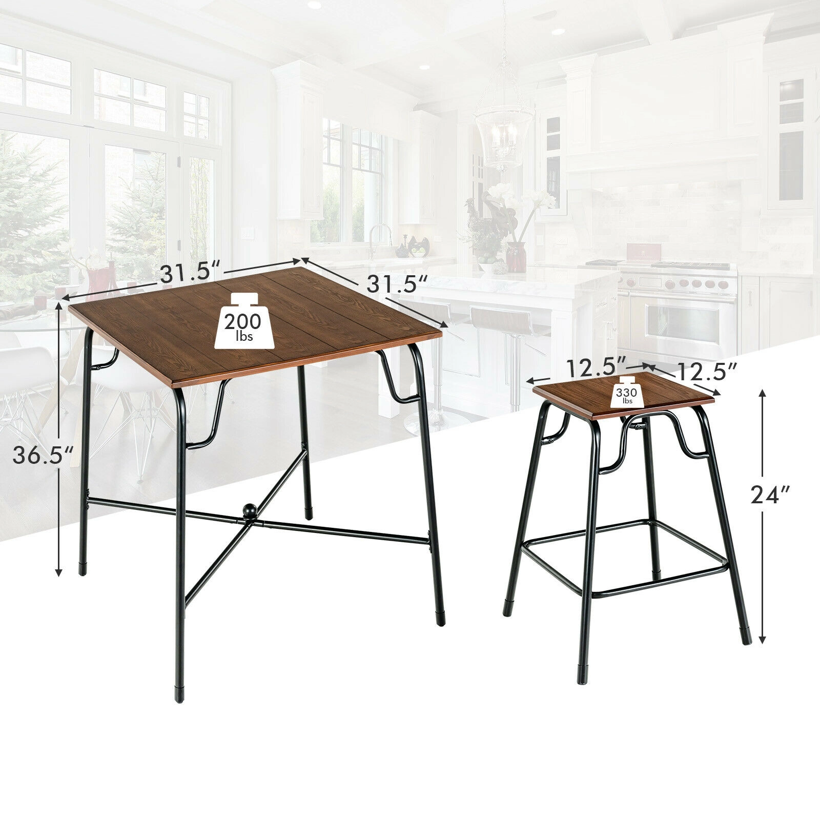 SUGIFT Rustic Brown 4 Counter Height Backless Stools 5-Piece Bar Table Set