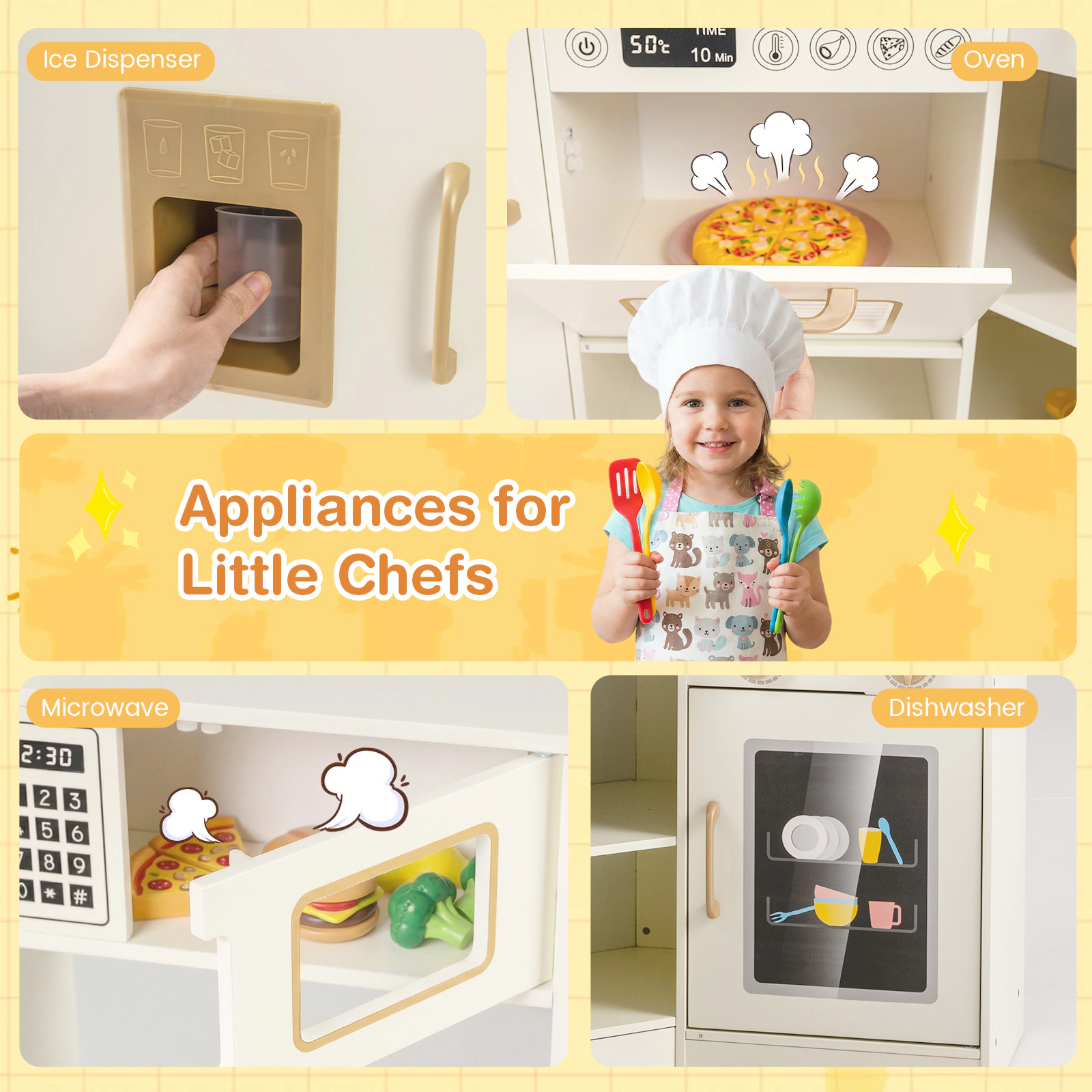 Corner Kids Play Kitchen Water Circulation 2 Lighted Stoves Dishwasher Ice Dispenser 53-in x 28-in x 35.5-in Beige