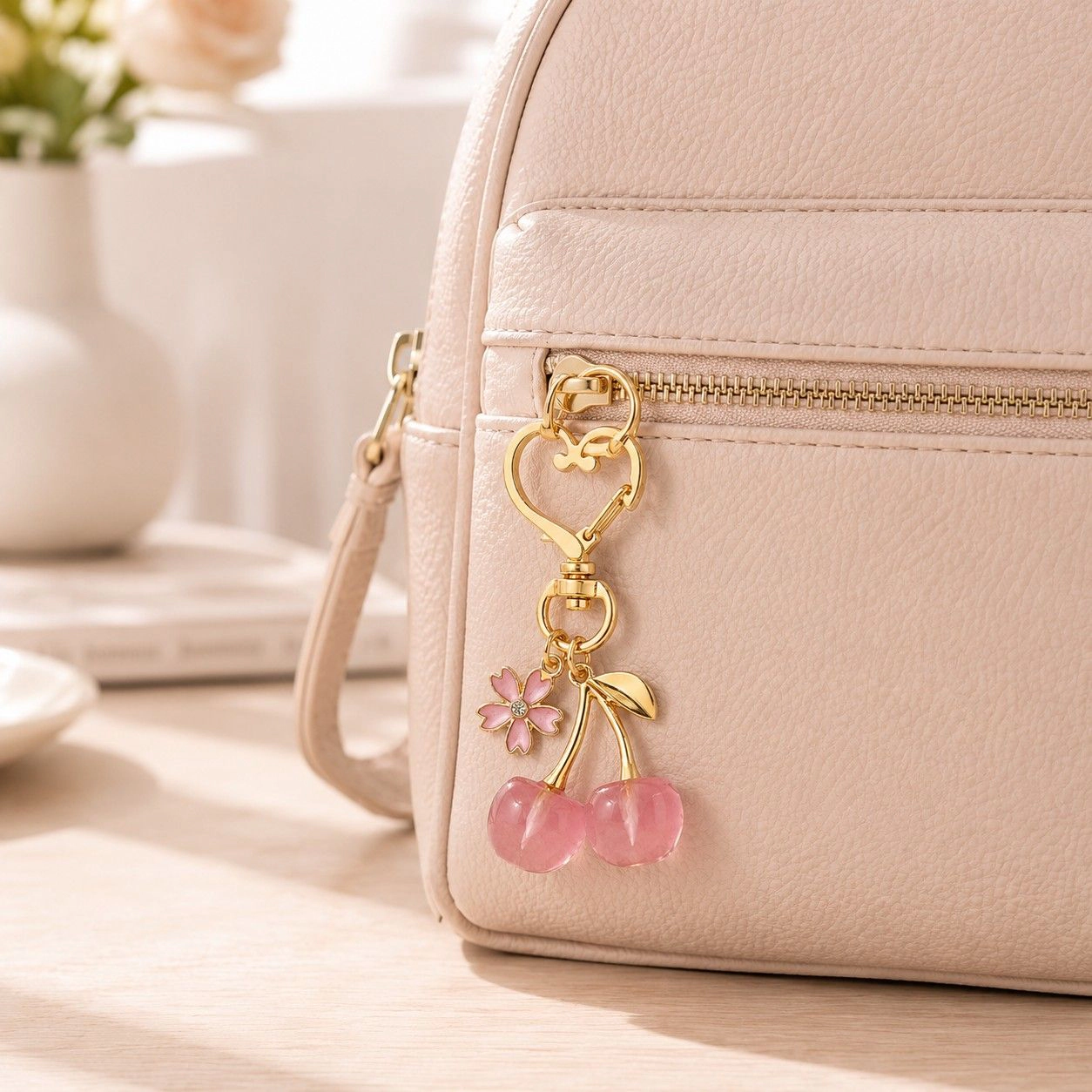 Alilang Women's 2-Pack Translucent Cherry Bag Charm Keychains with Flower Accents and Gold-Tone Heart Clasps