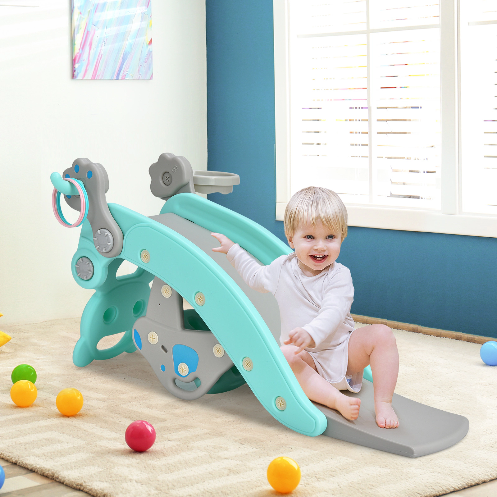 LJG 4-in-1 Toddler Slide and Rocking Horse Playset with Basketball Hoop