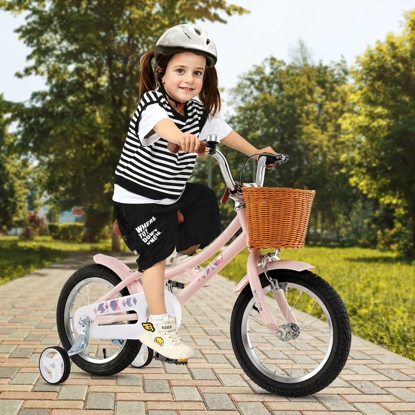 14-in Retro Kids Bike Splash Fenders Removable Basket 5-Layer Anti-Puncture Tires Training Wheels Bell Ages 3-5 Pink
