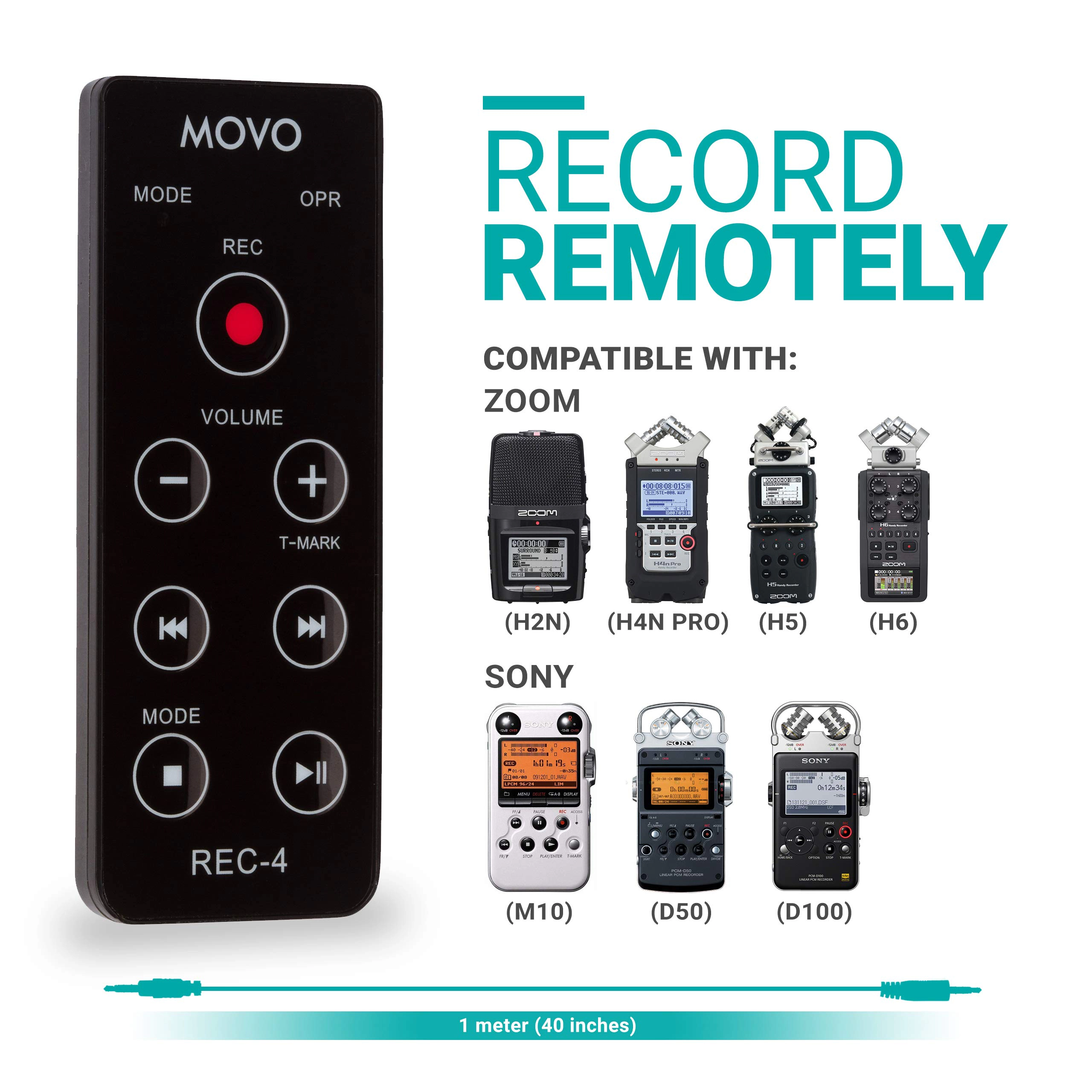 Movo REC-4 Wired Remote Control for Zoom H2n, H4n Pro, H5 and H6 Portable Digital Handy Recorders - Also Compatible