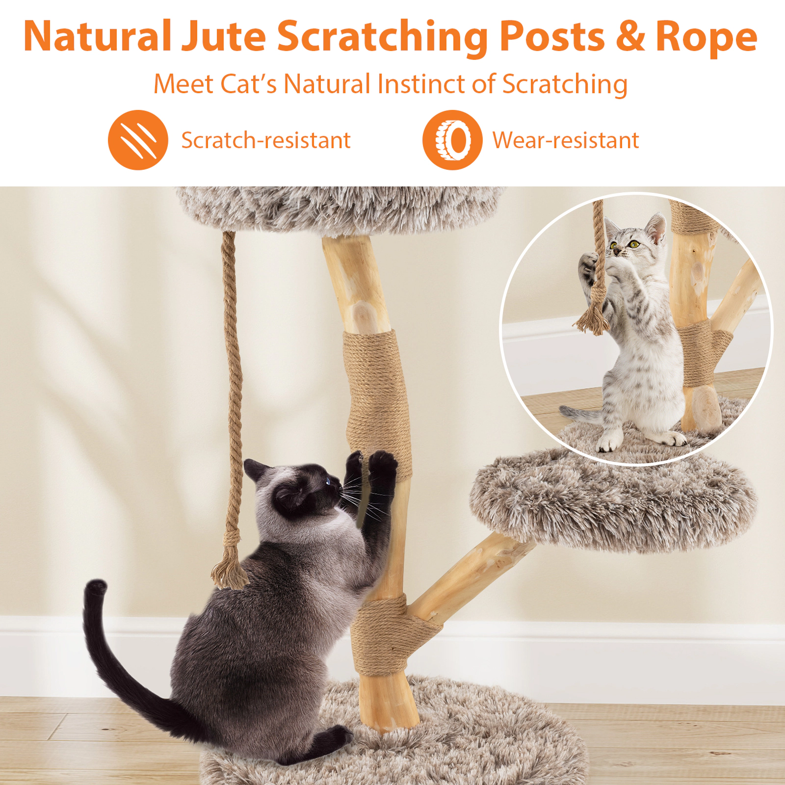 SUGIFT 35.5-in Tall 3-Tier Cat Tree Tower with 19.5-in Round Base Jute Rope Columns and Removable Cushions