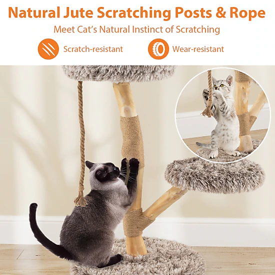 SUGIFT 35.5-in Tall 3-Tier Cat Tree Tower with 19.5-in Round Base Jute Rope Columns and Removable Cushions