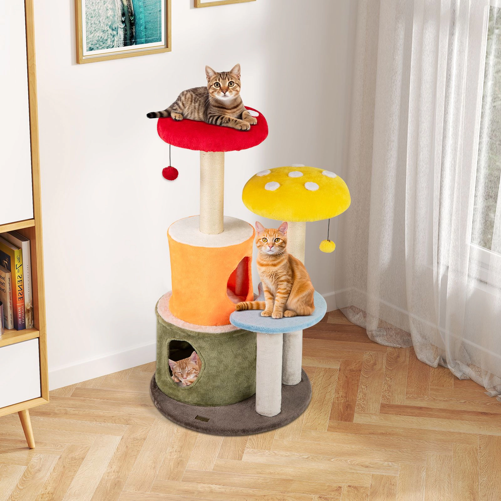 SlickBlue 43" Mushroom Cat Tree with 2 Condos, Perches & Scratcher
