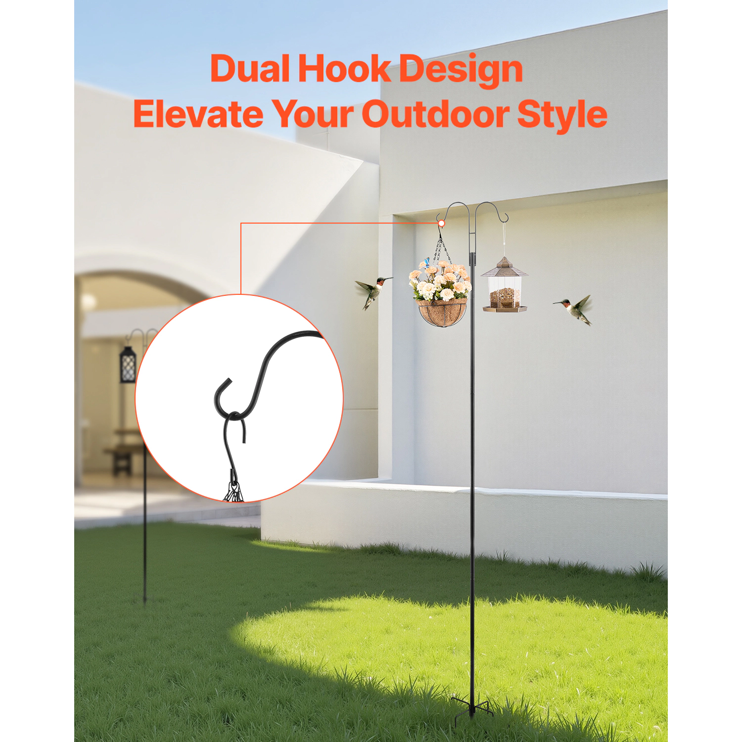 HONGGE Double Shepherds Hooks for Outdoor 8 Pack Heavy Duty Bird Feeder Pole 3/4 Inch Thick Garden Hooks for Hanging