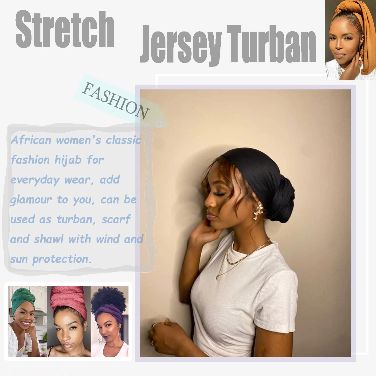 5 Pcs Stretch Turban Headwraps for Women, Soft Breathable Hijab Hair Scarf Tie for Locs & Braids, Fashion Headband