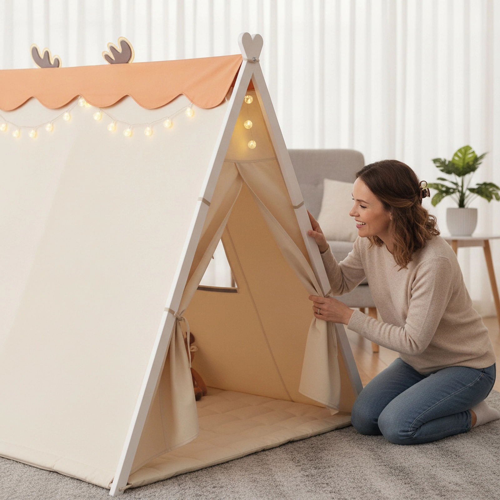 SUGIFT Twin House Floor Bed, Montessori Wood Frame, Velvet Canopy, White