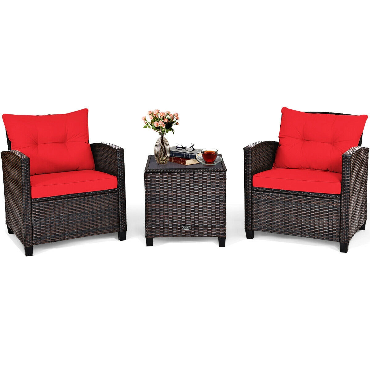 SUGIFT 3-Piece Patio Rattan Cushioned Conversation Set with Coffee Table 360-lb Chair Capacity Red