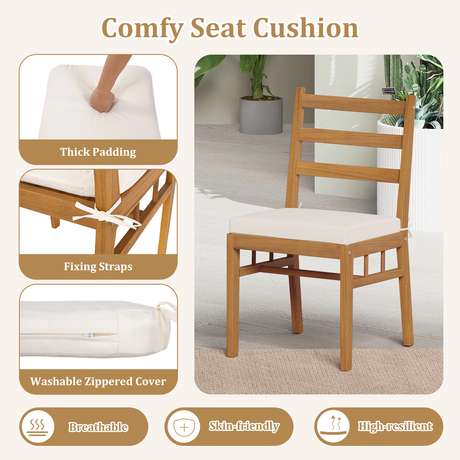 LJG Solid Acacia Wood Patio Chair Set of 2 Armless Chair