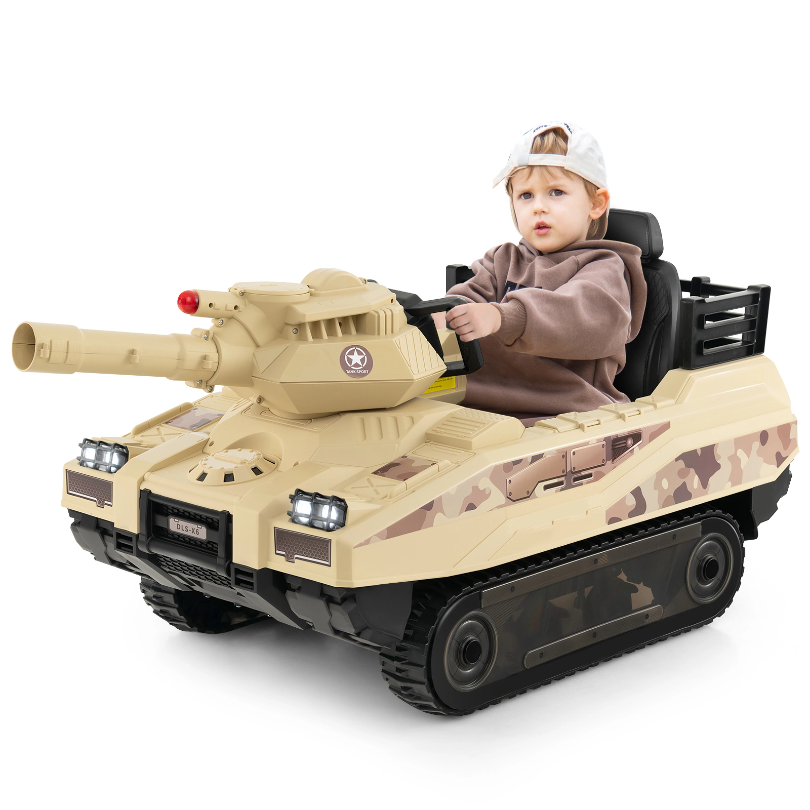 SUGIFT 12V Khaki Kids Ride-On Tank with Rotatable Turret 8 Missiles Rubber Tracks and Music 66-lb Rider