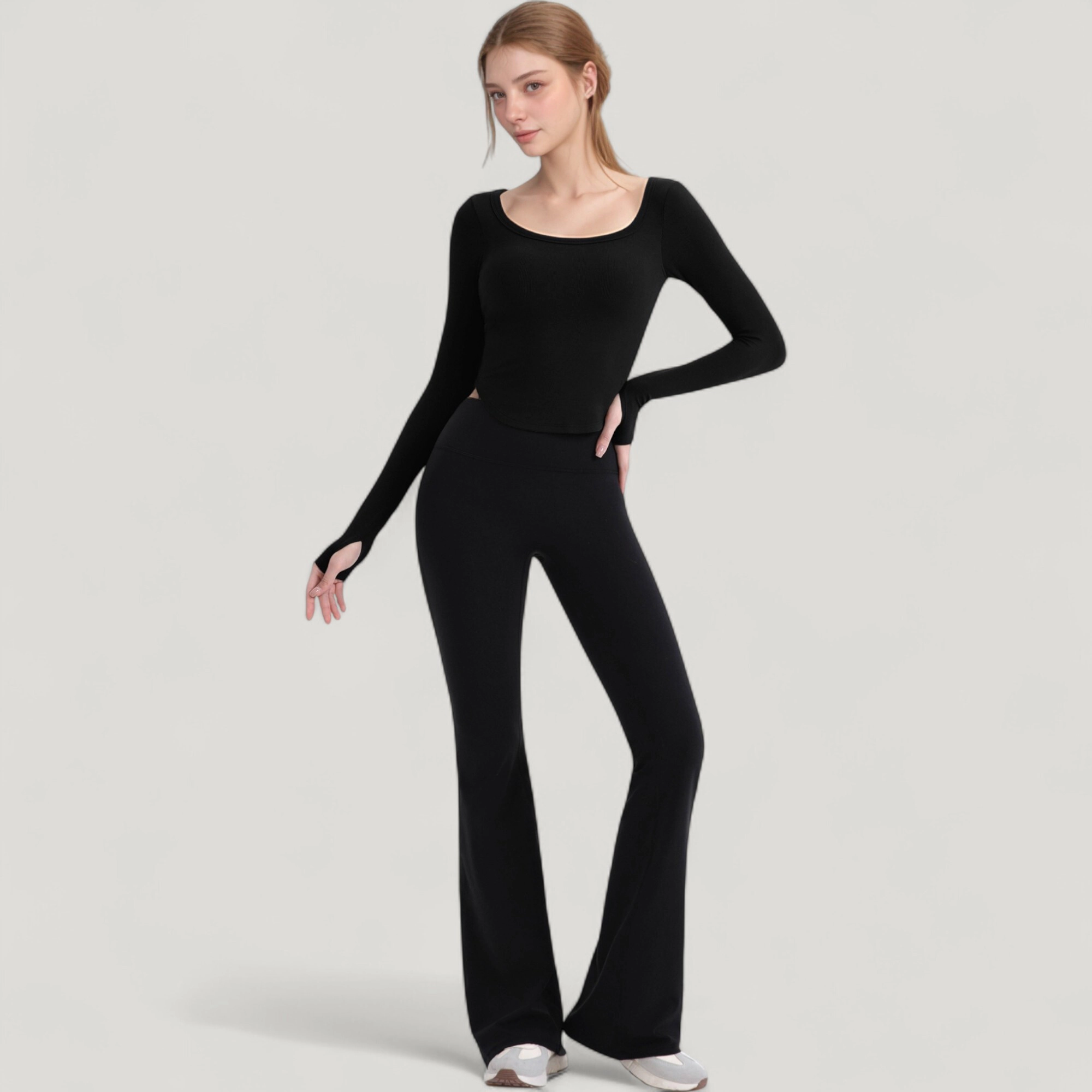 Anna-Kaci Women's Long Sleeve Pullover Top with Deep Scoop Neck and Fitted Stretch Design